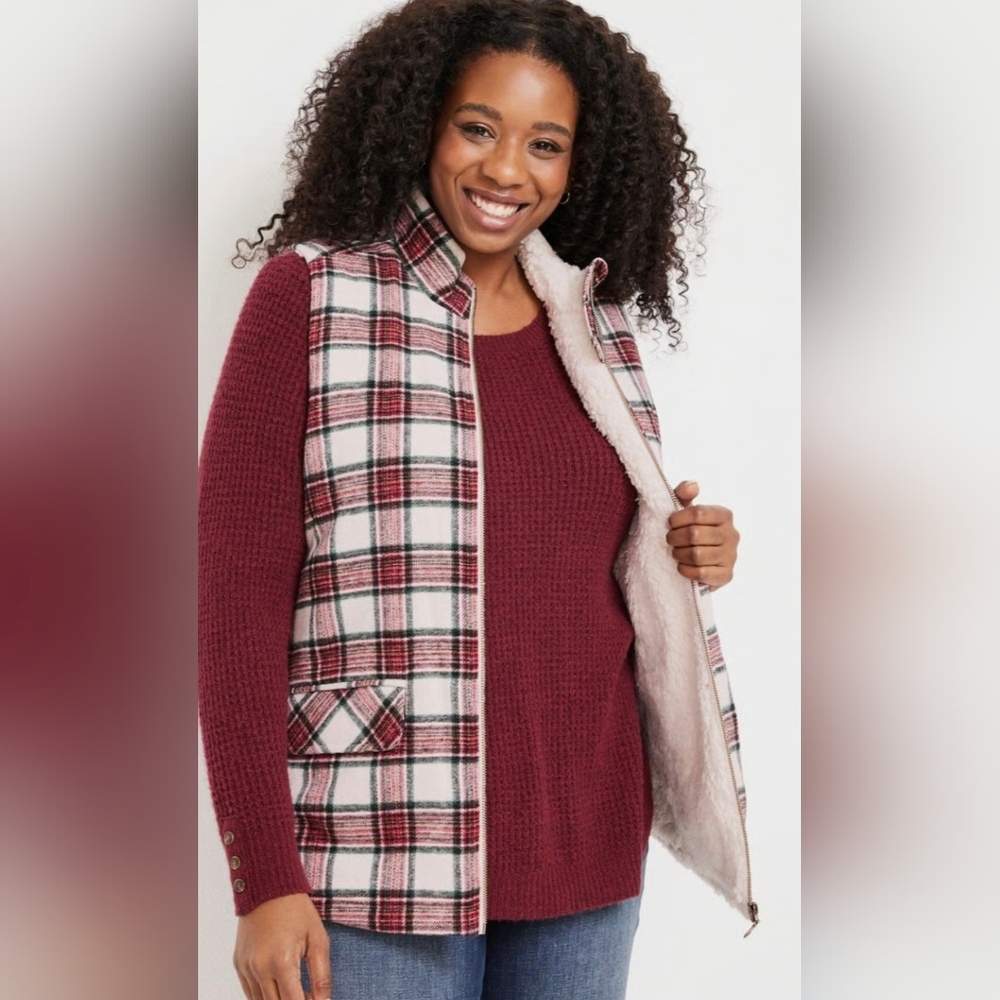 Maurices Red and White Sherpa Vest